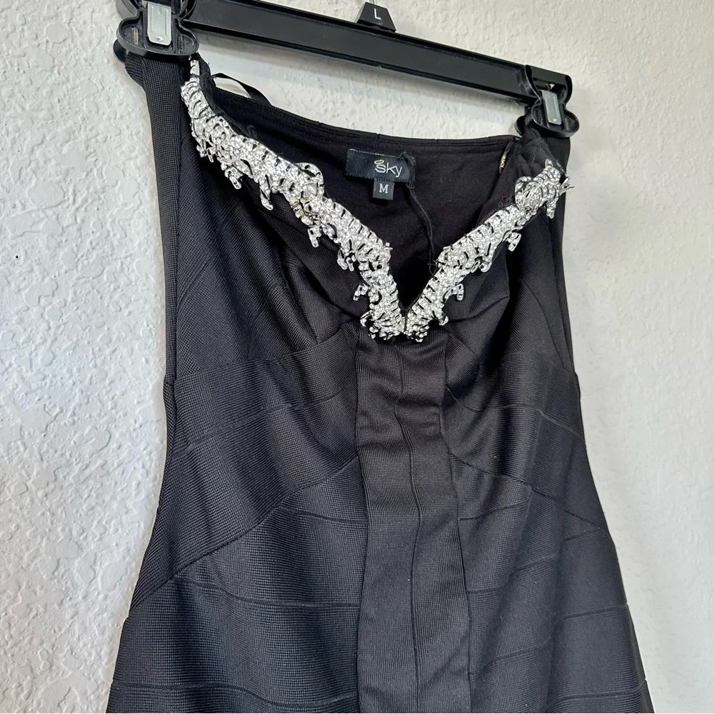 Sky Black Strapless Bandage Tiger Rhinestone Dress - Picture 10 of 14